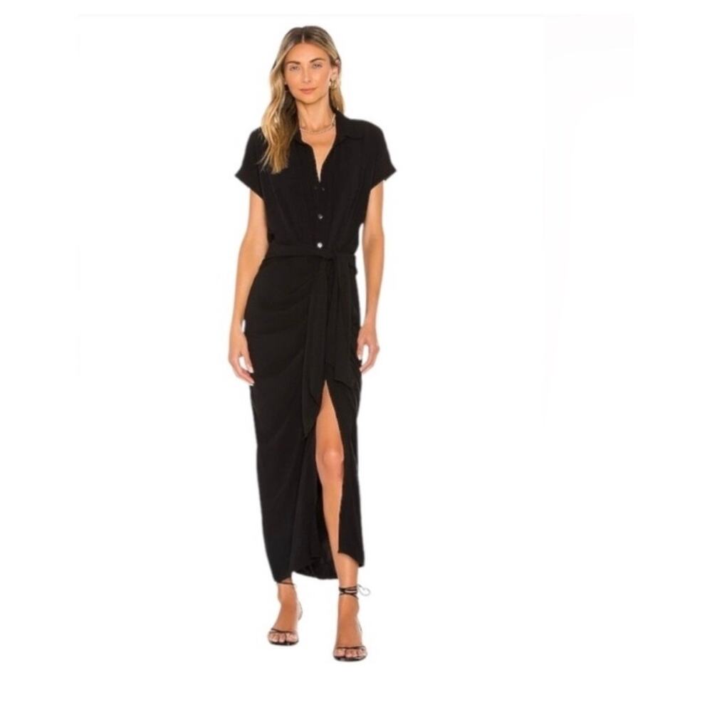 L*Space Black Prism Ruched button up tie waist midi Dress, Size M